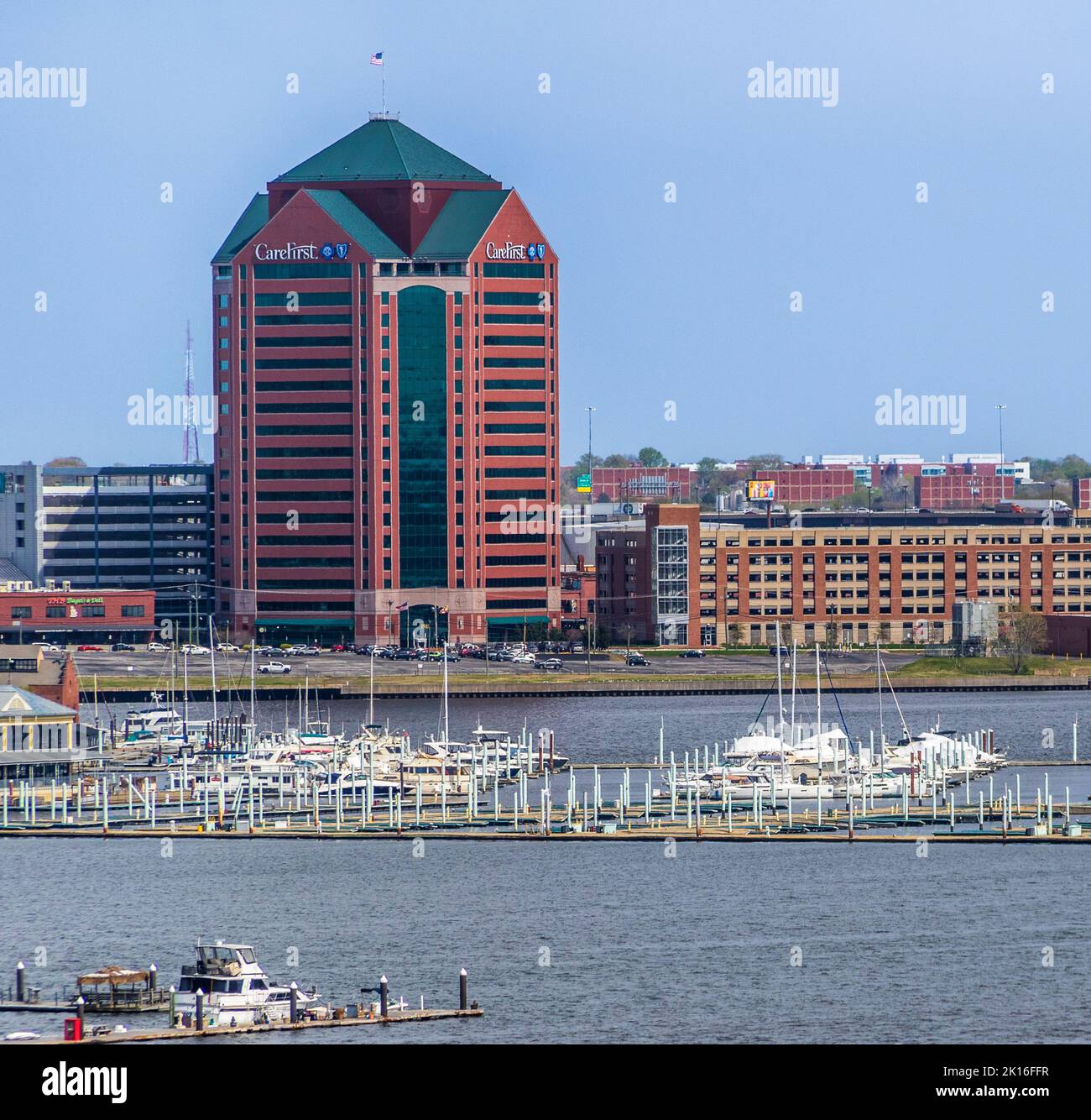 CareFirst Blue Cross Blue Shield building overlooking the Baltimore Inner Harbor in Baltimore, Maryland. Stock Photo