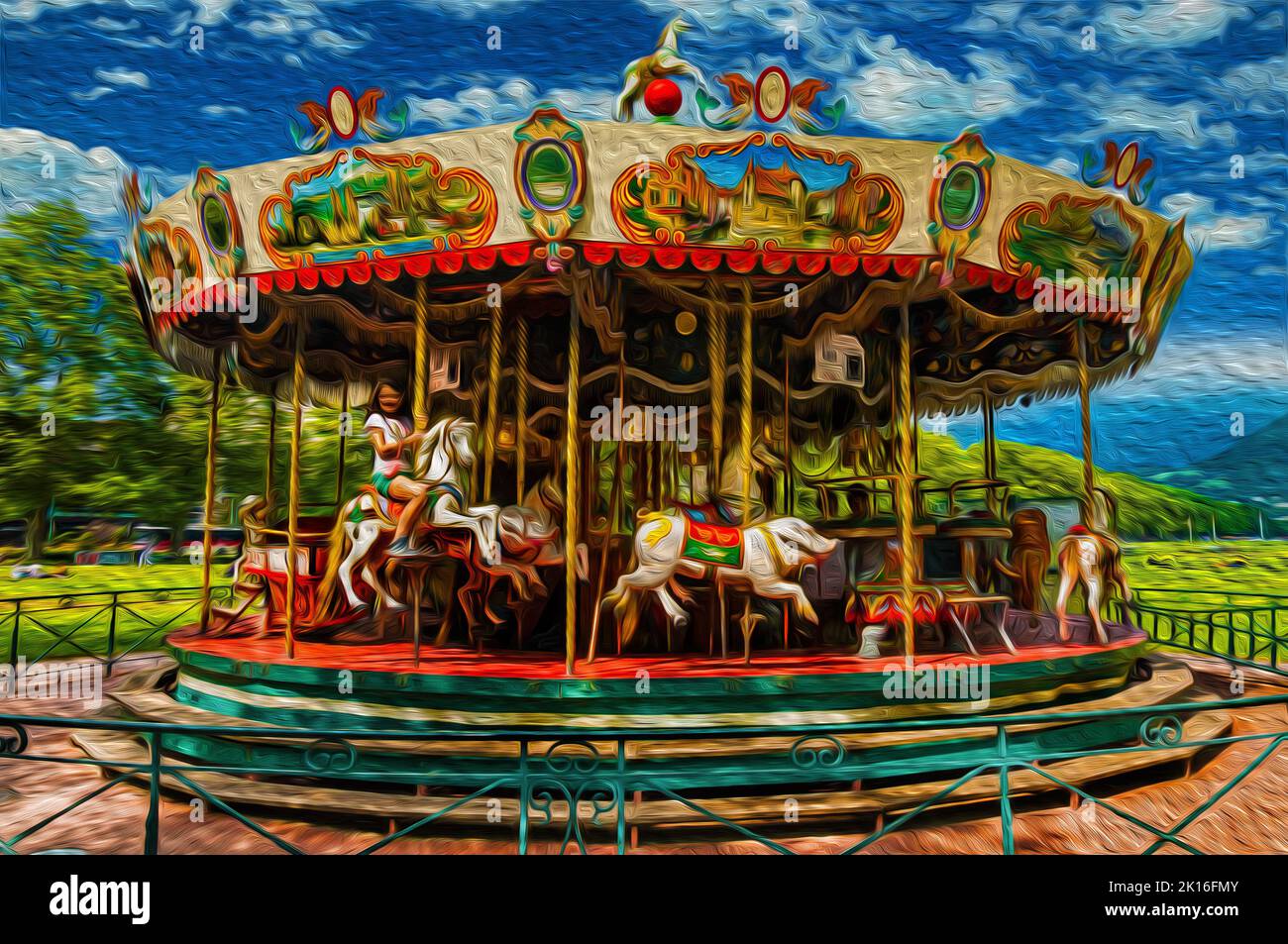 Happy child riding a horse from carousel in an amusement park of Annecy. An historical and lovely lakeside town located in France. Oil paint filter. Stock Photo