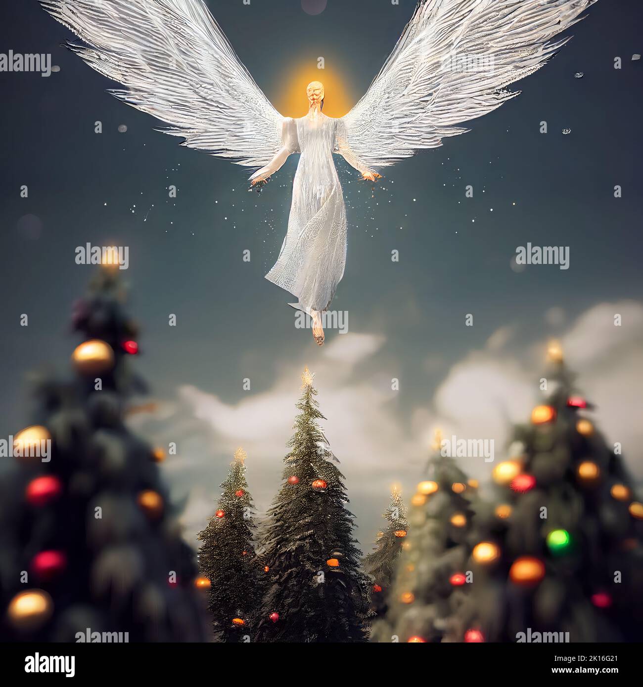 An angel flies above a forest of Christmas Trees Stock Photo Alamy