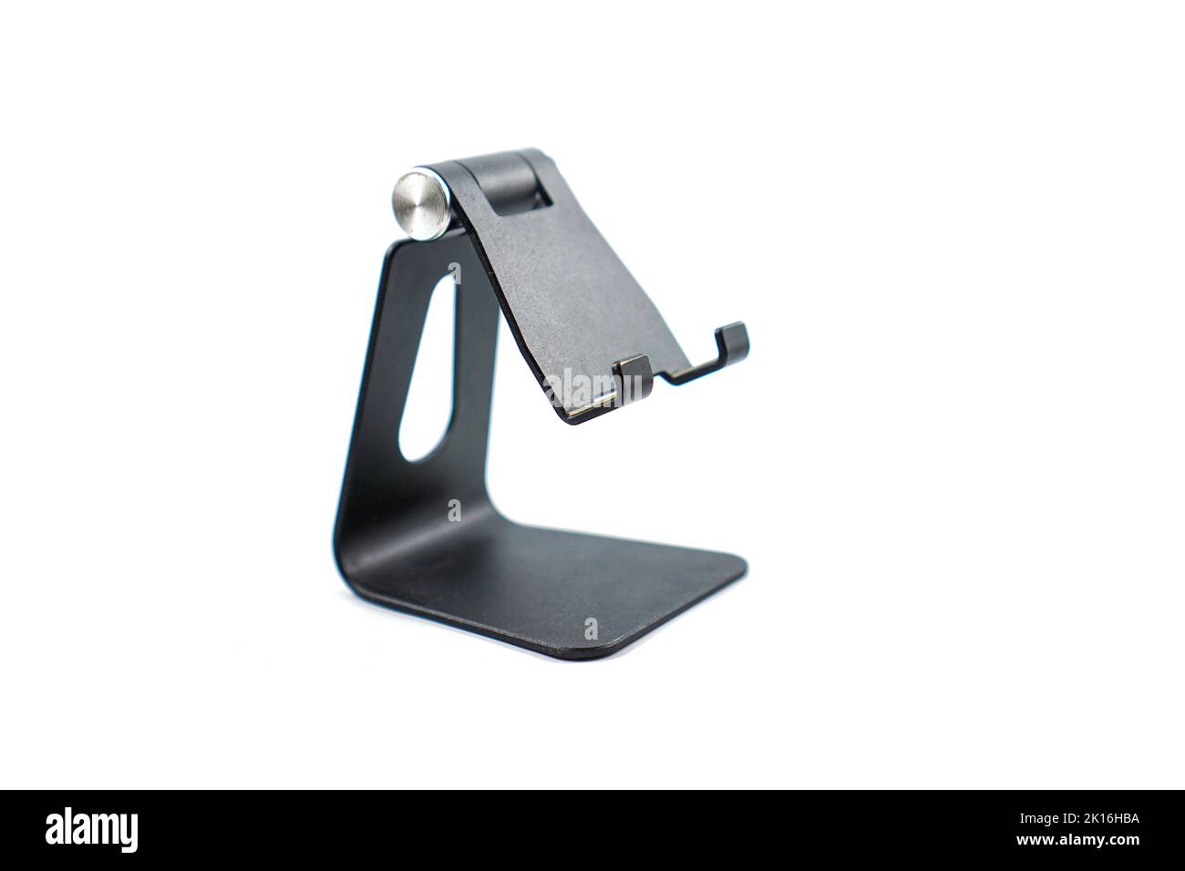 phone holder desk black aluminum metal isolated on white Stock Photo