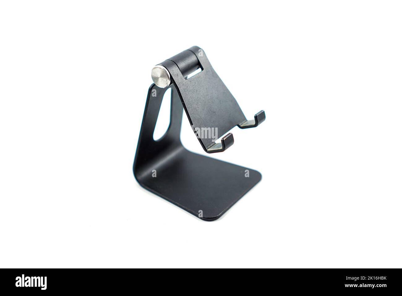 phone holder desk black aluminum metal isolated on white Stock Photo