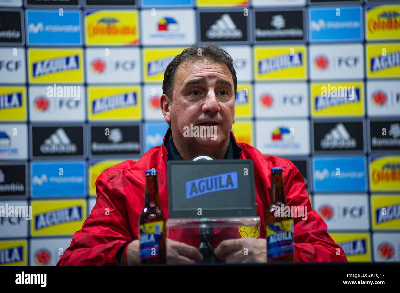 Bogota, Colombia. 15th Sep, 2022. Colombia's football team coah Nestor Lorenzo speaks during a press conference after the decision on calling team veterans: Radamel Falcao, James Rodriguez and Luis Diaz, in Bogota, Colombia, September 15, 2022, for the friendly matches tour in the United States for the Septemeber FIFA Matches against Guatemala on september 24 in New York and against Mexico on september 27. Credit: Long Visual Press/Alamy Live News Stock Photo