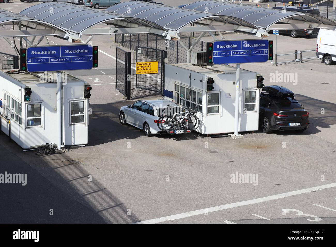 Helsinki, Finland - August 20, 2022: Cars are at the check in gate for the Silja Line ferry to Stockholm. Stock Photo