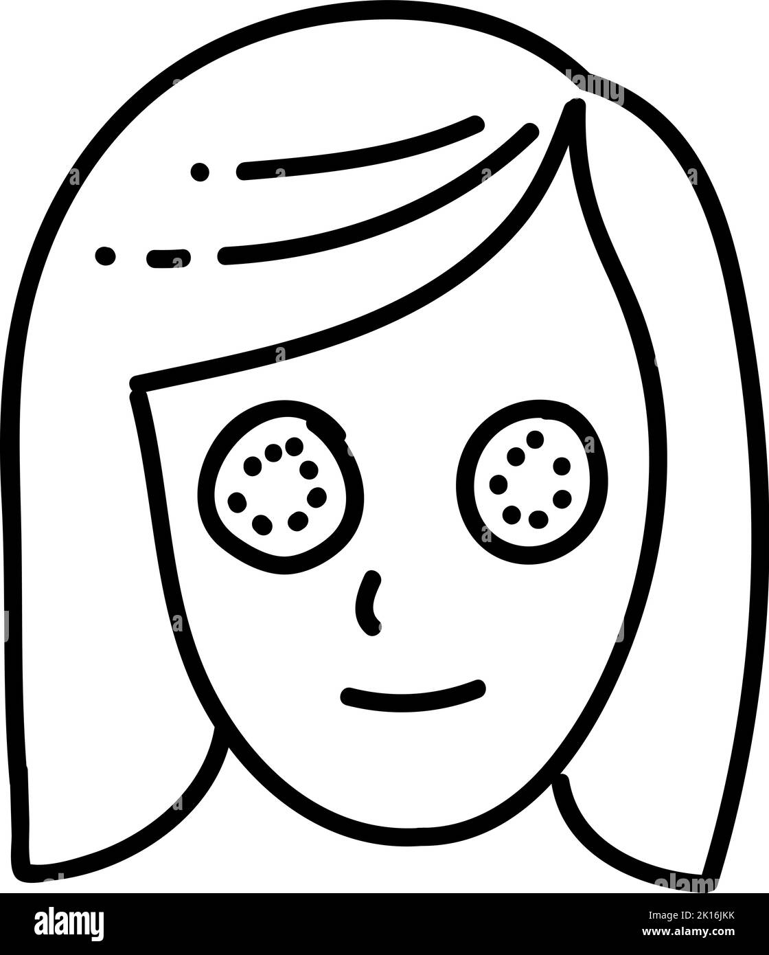 Woman face with cucumber eye mask. Hand drawn vector illustration