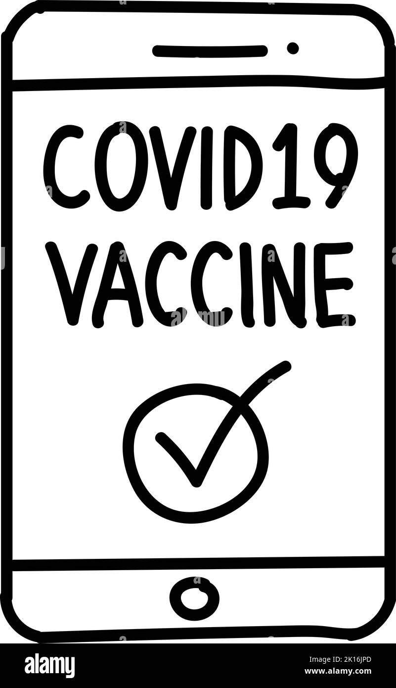 Digital Covid-19 vaccine certificate icon. Hand drawn vector illustration. Editable line stroke. Stock Vector