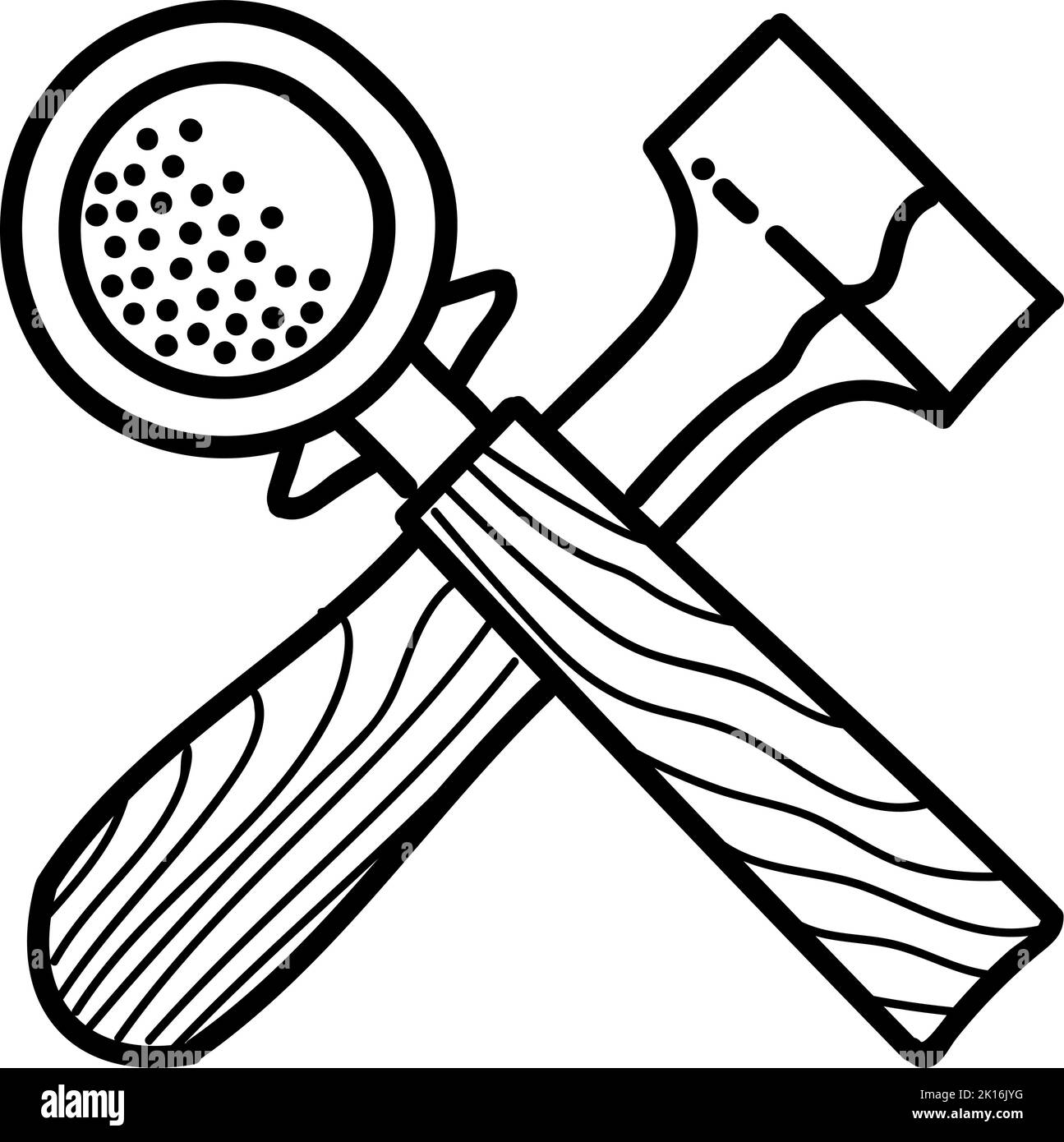 Coffee tamper and portafilter icon. Coffee shop logo concept. Hand