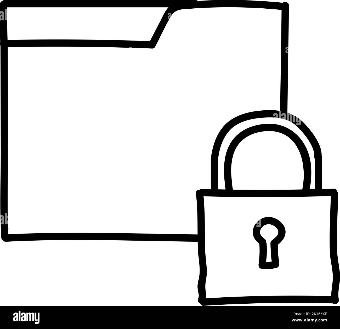Folder lock icon. Hand drawn vector illustration. Editable line stroke. Stock Vector