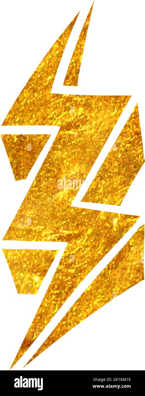 Hand drawn lightning thunder icon in gold foil texture vector ...