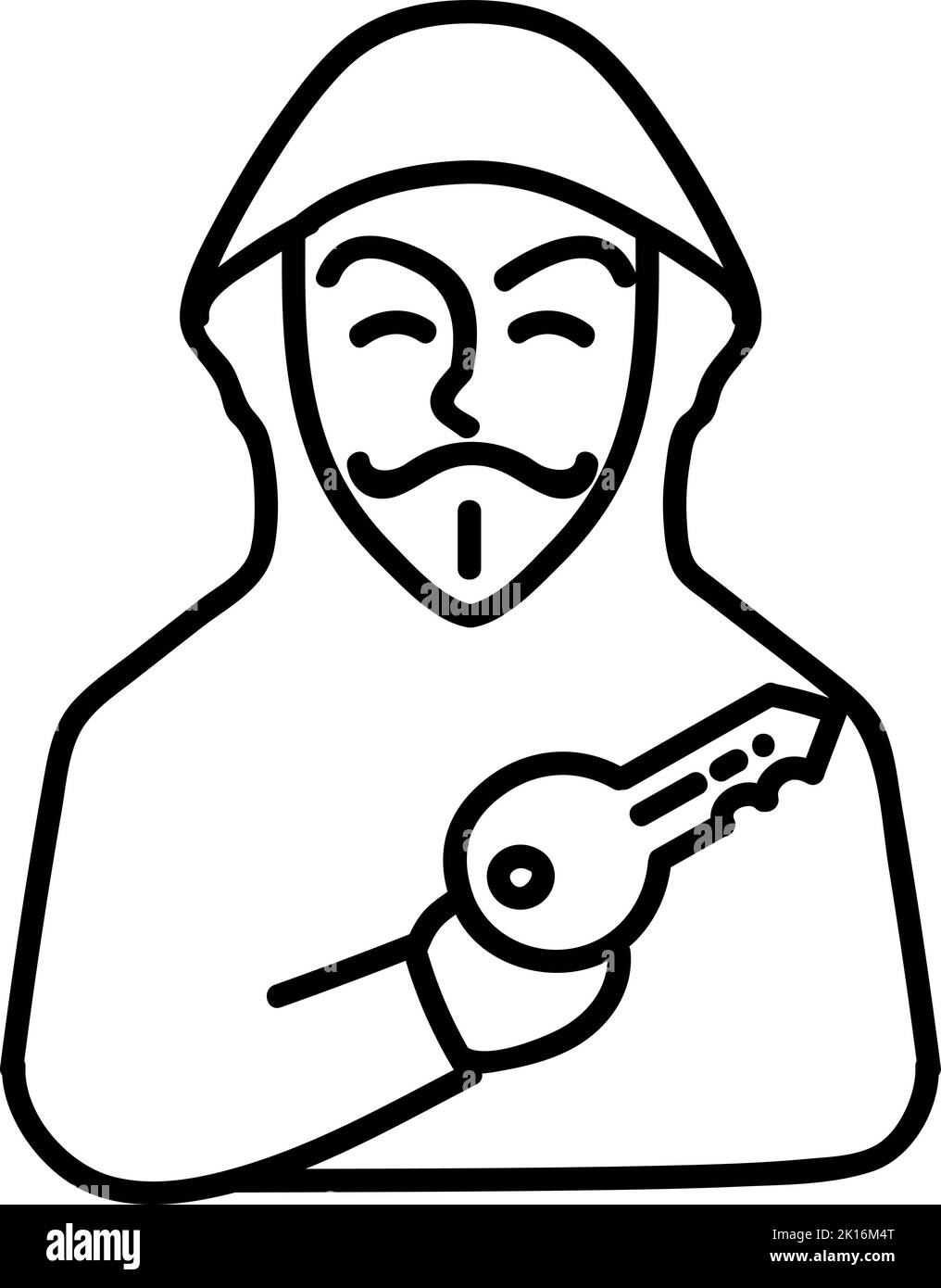 Hacker holding key. Hand drawn vector illustration. Editable line