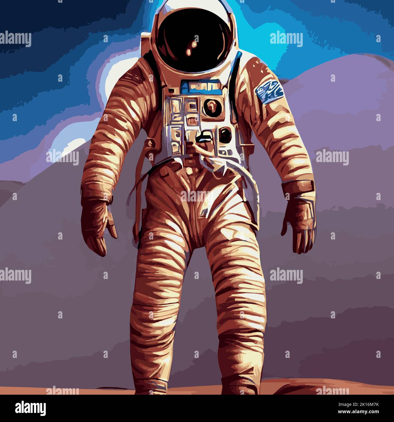 Astronaut on an Unknown Planet Retro Space Poster Stylization, Spaceman  with Helmet, Rockets Launching, Flying Space Rockets Stock Vector