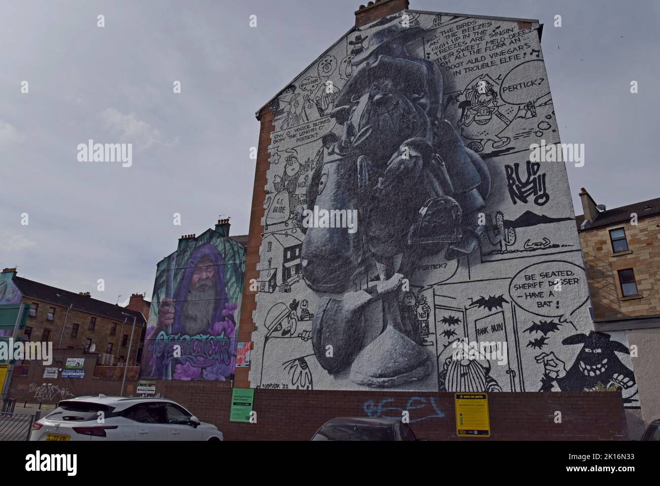 Gable end Mural depicting Lobey Dosser, from local artist Bud Neill,  part of the Yardworks GRID Project in Merkland Court, Partick, Glasgow, UK Stock Photo