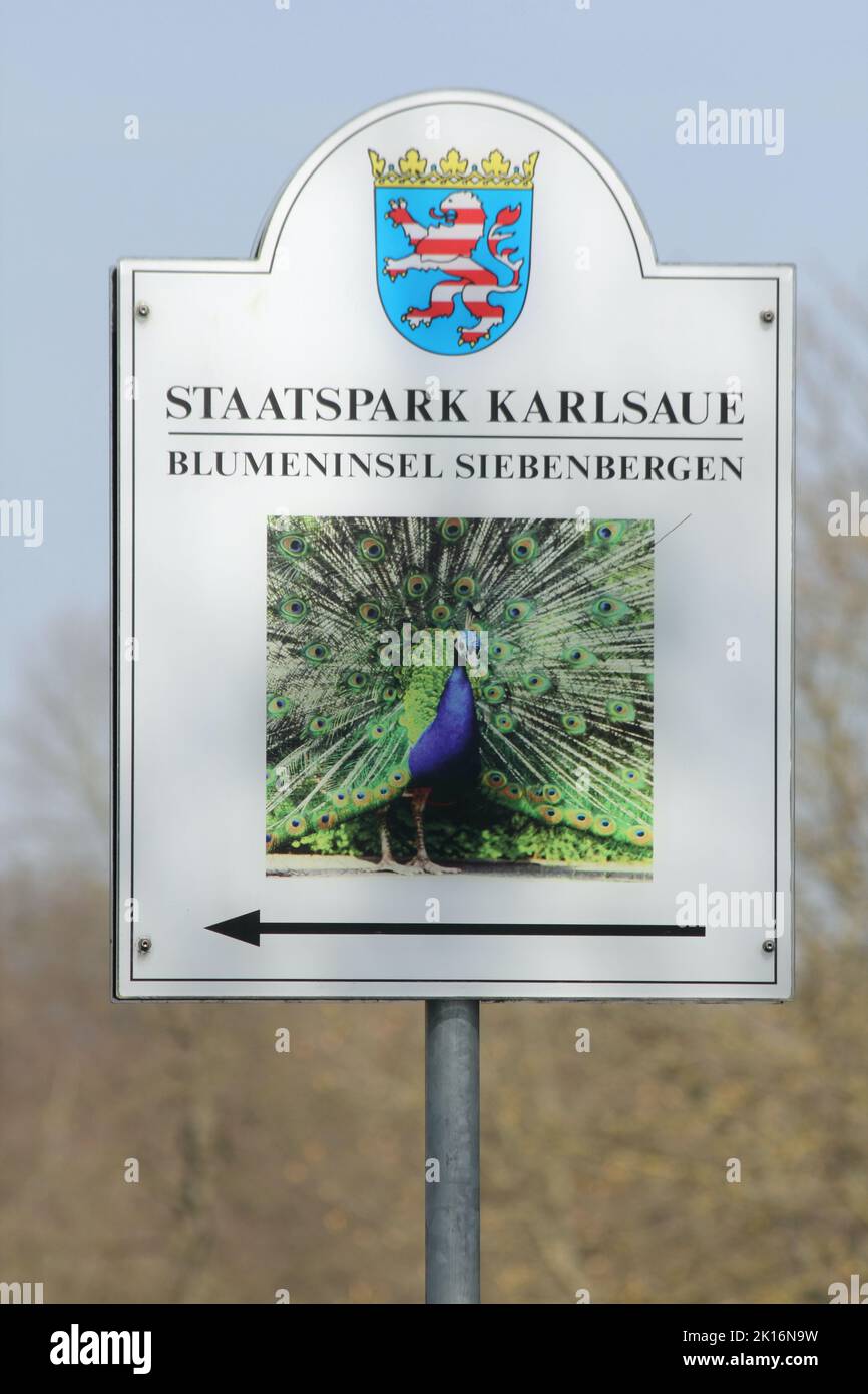 Sign of the flower island Siebenbergen in Karlsaue Kassel, Germany Stock Photo