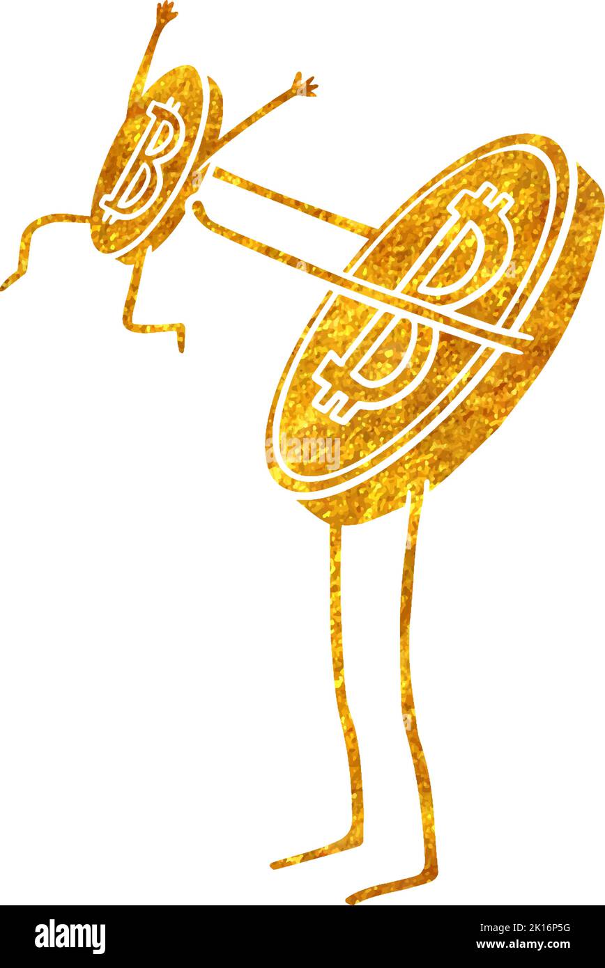 Bitcoin character figure holding small coin in gold foil texture vector ...