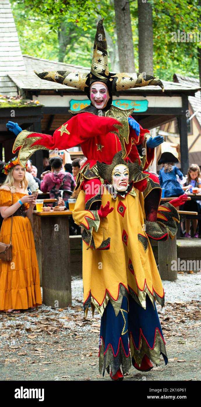 Two-faced jester stilt-walker at the Maryland Renaissance Festival, Crownsville, Maryland. 2022 Large Cap 'n Bells Foolscap entertaining crowds. Stock Photo
