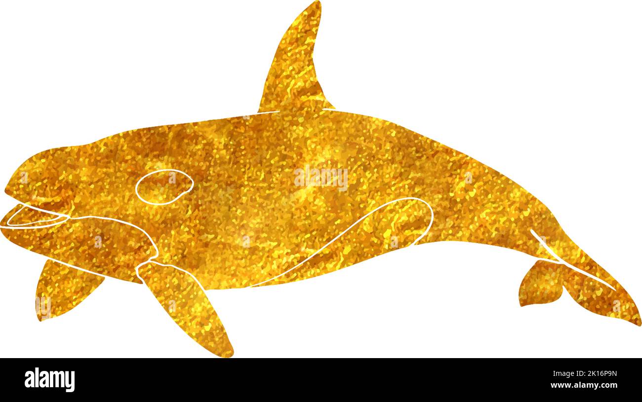 Hand drawn killer whale orca in gold foil texture vector illustration ...