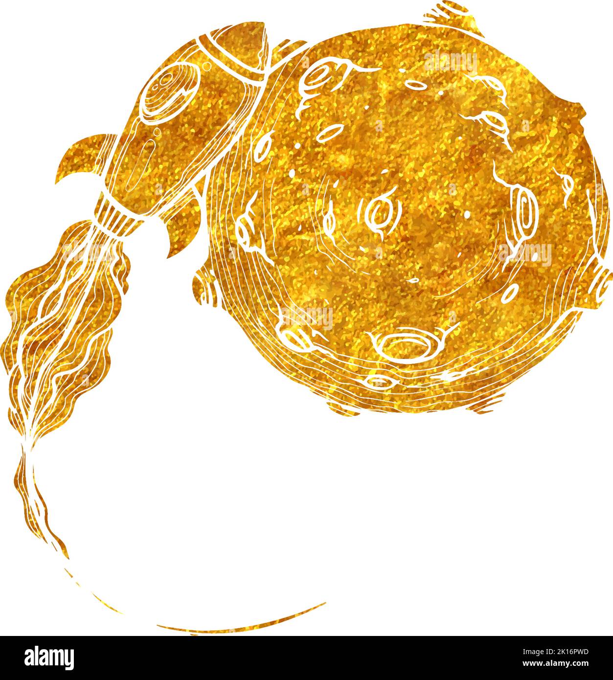 Bitcoin space rocket approaching a planet in gold foil texture vector illustration Stock Vector