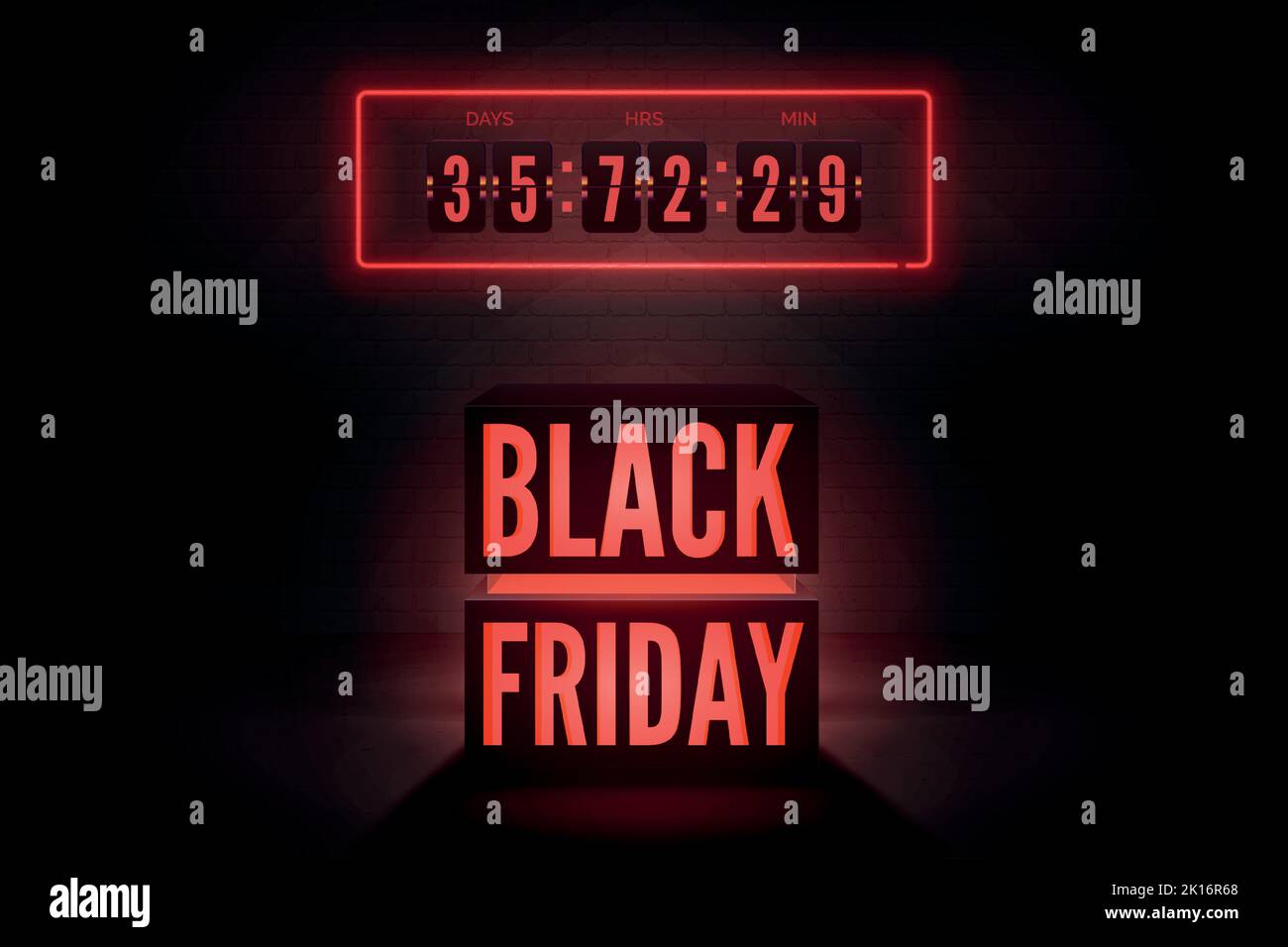 Black Friday tech sale countdown vector banner template. Red neon light