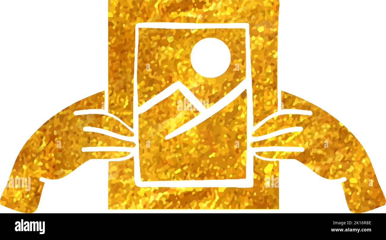 Hand drawn Hand holding painting icon in gold foil texture vector ...