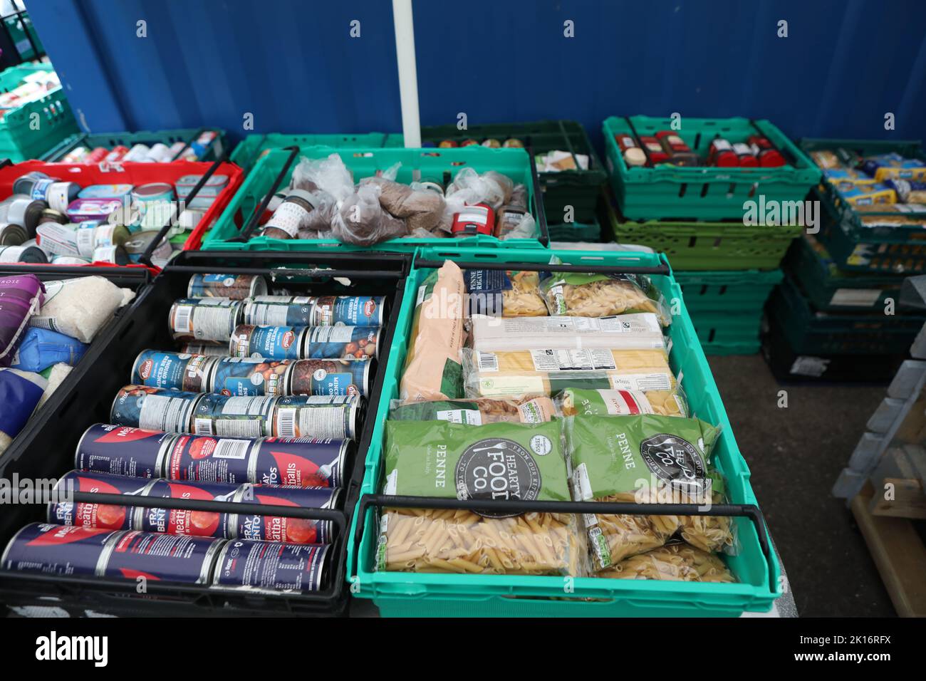 File photo dated 03/03/21 of food laid out in crates at a food bank in north London. Four out of five low-paid workers say the cost-of-living crisis is the worst financial period they have ever faced, new research suggests. Issue date: Friday September 16, 2022. Stock Photo