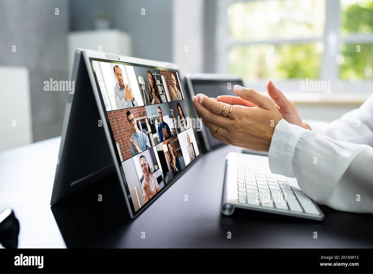 Virtual Video Conference Meeting Chat On Hybrid Laptop Stock Photo Alamy