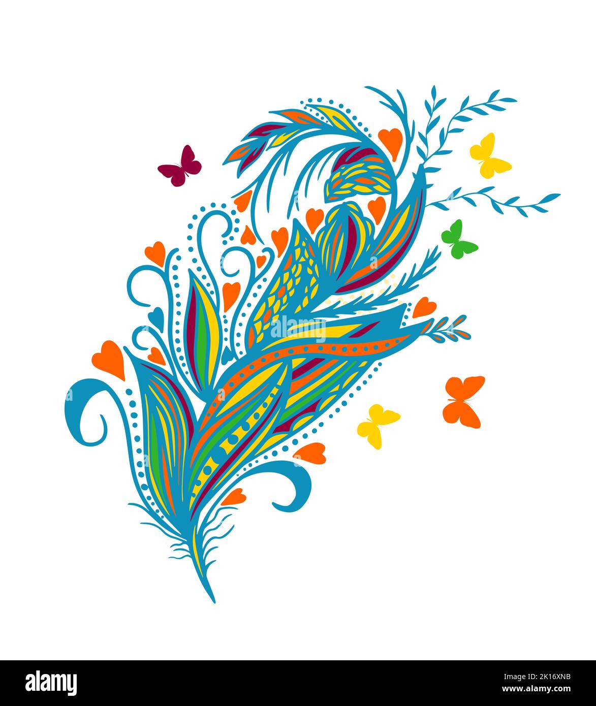 Multicolored abstract feather. Vector illustration, Hand Drawn Sketch Vector illustration. Stock Vector