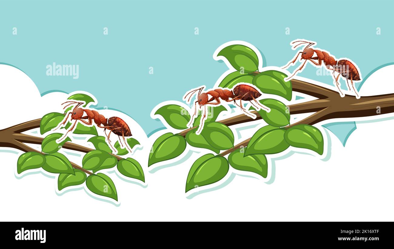 Red ants on tree branches illustration Stock Vector