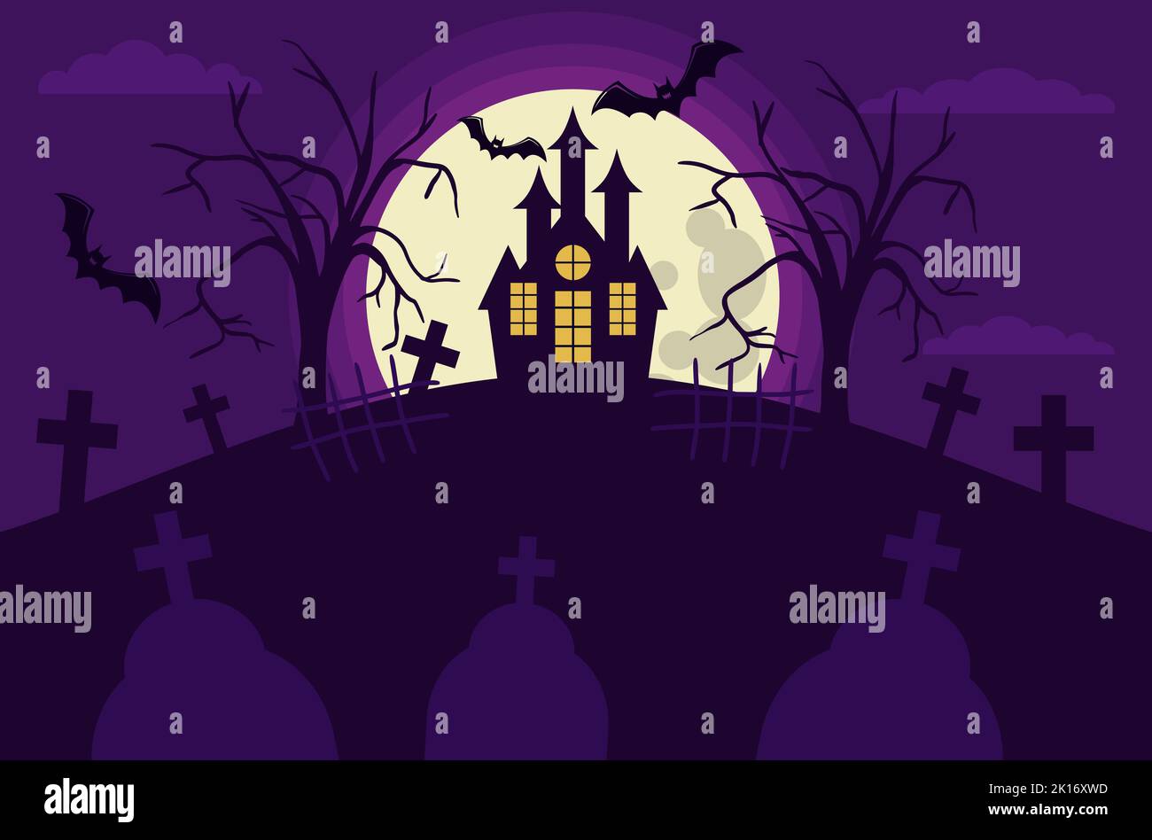a scary house on a hill against the backdrop of a full moon and bats trees fences and graves Stock Vector