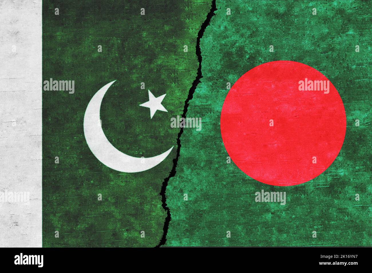 Pakistan and Bangladesh flags together. Bangladesh and Pakistan relation, conflict, war crisis, economy concept. Pakistan vs Bangladesh Stock Photo