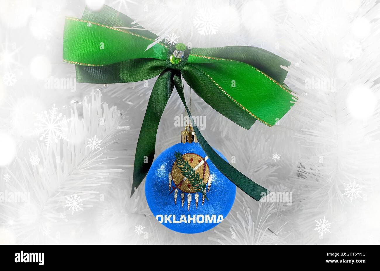 New Year's glass ball with the flag of State of Oklahoma against a