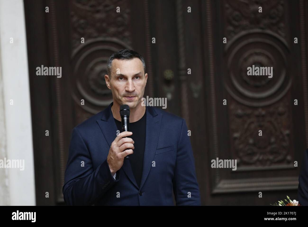 15/09/2022, Potsdam, Germany Ukrainian former boxing world heavyweight championship Wladimir Klitschko, prior to the M100 Media Award Ceremony, part of the M100 Media Conference for democracy and press freedom, in Potsdam, southwest of the German capital Berlin, on September 15, 2022. at the  Orangerie Sanssouci in Sanssouci Park on September 15, 2022 in Potsdam, Germany.With the M100 Media Award, which sees itself as the 'Prize of the European Press', Year awarded the Ukrainian people. Wladimir Klitschko takes the award in his place. Stock Photo