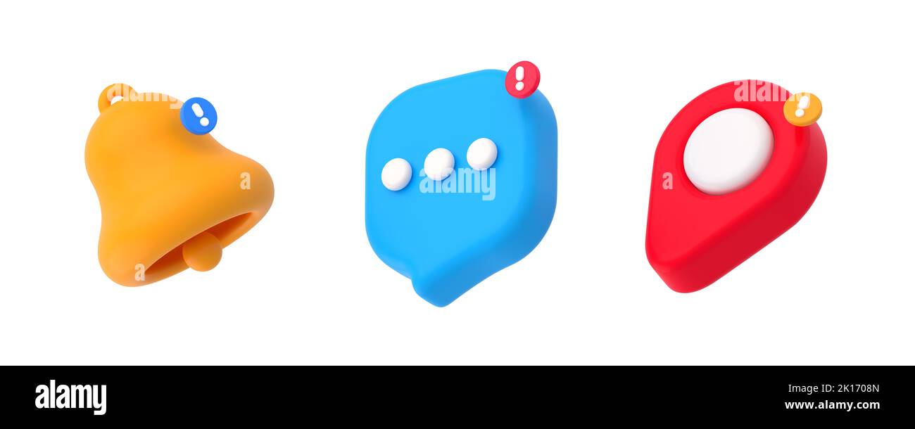 3d render notification and reminders bell, unread message bubble and