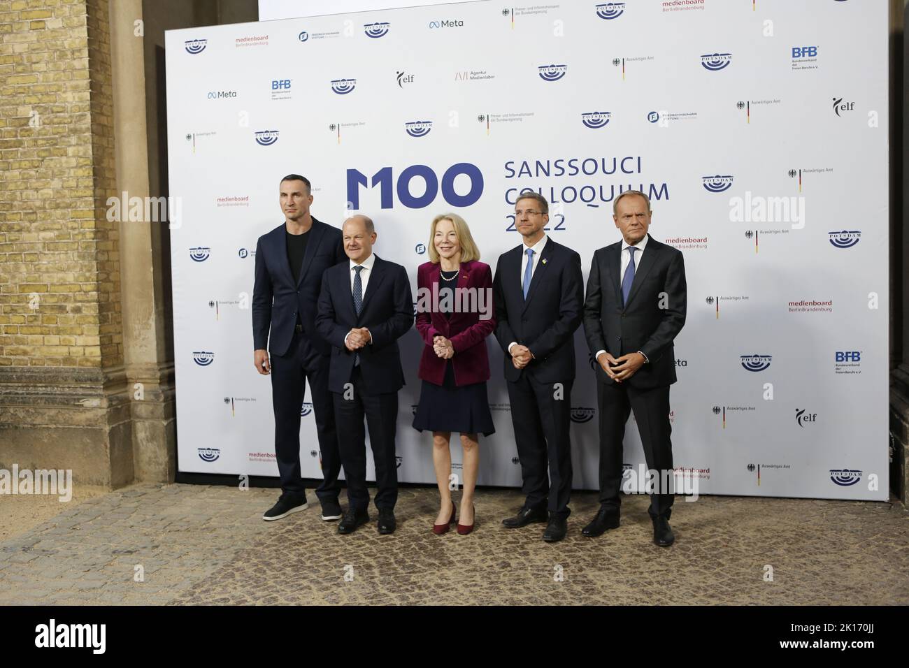 15/09/2022, Potsdam, Germany. Ukrainian former boxing world heavyweight championship Wladimir Klitschko, German Chancellor Olaf Scholz, Amy Gutmann, US Ambassador to Germany, Mike Schubert, Mayor of Potsdam and Donald Tusk, leader of Civic Platform party pose for photographers prior to the M100 Media Award Ceremony, part of the M100 Media Conference for democracy and press freedom, in Potsdam, southwest of the German capital Berlin, on September 15, 2022. at the  Orangerie Sanssouci in Sanssouci Park on September 15, 2022 in Potsdam, Germany.With the M100 Media Award, which sees itself as the Stock Photo