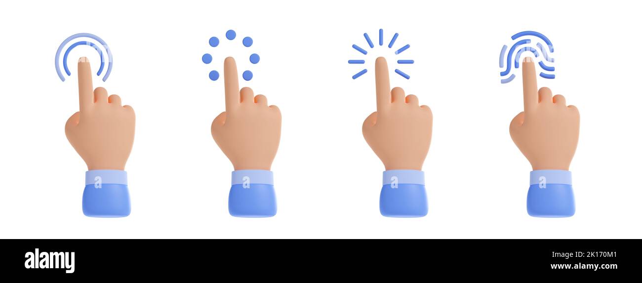 Hand click icon, computer cursor with fingers press buttons and touch fingerprint scan. Pointing gesture, tap screen, choose button, 3d render illustration isolated on white background Stock Photo