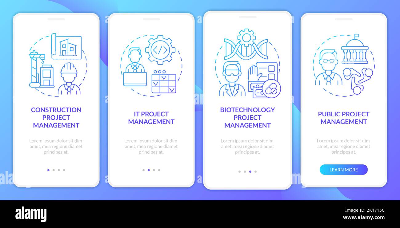 Project management types blue gradient onboarding mobile app screen Stock Vector