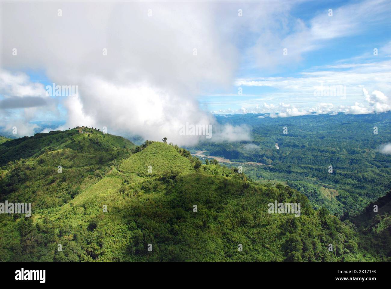 A bird's eye view of mountains covered with green forests under a ...