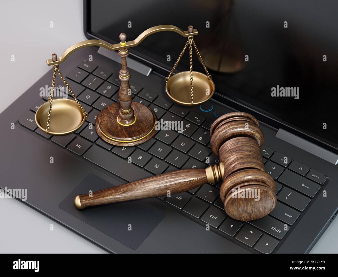 Judge gavel and balanced scale standing on laptop computer keyboard. 3D illustration. Stock Photo