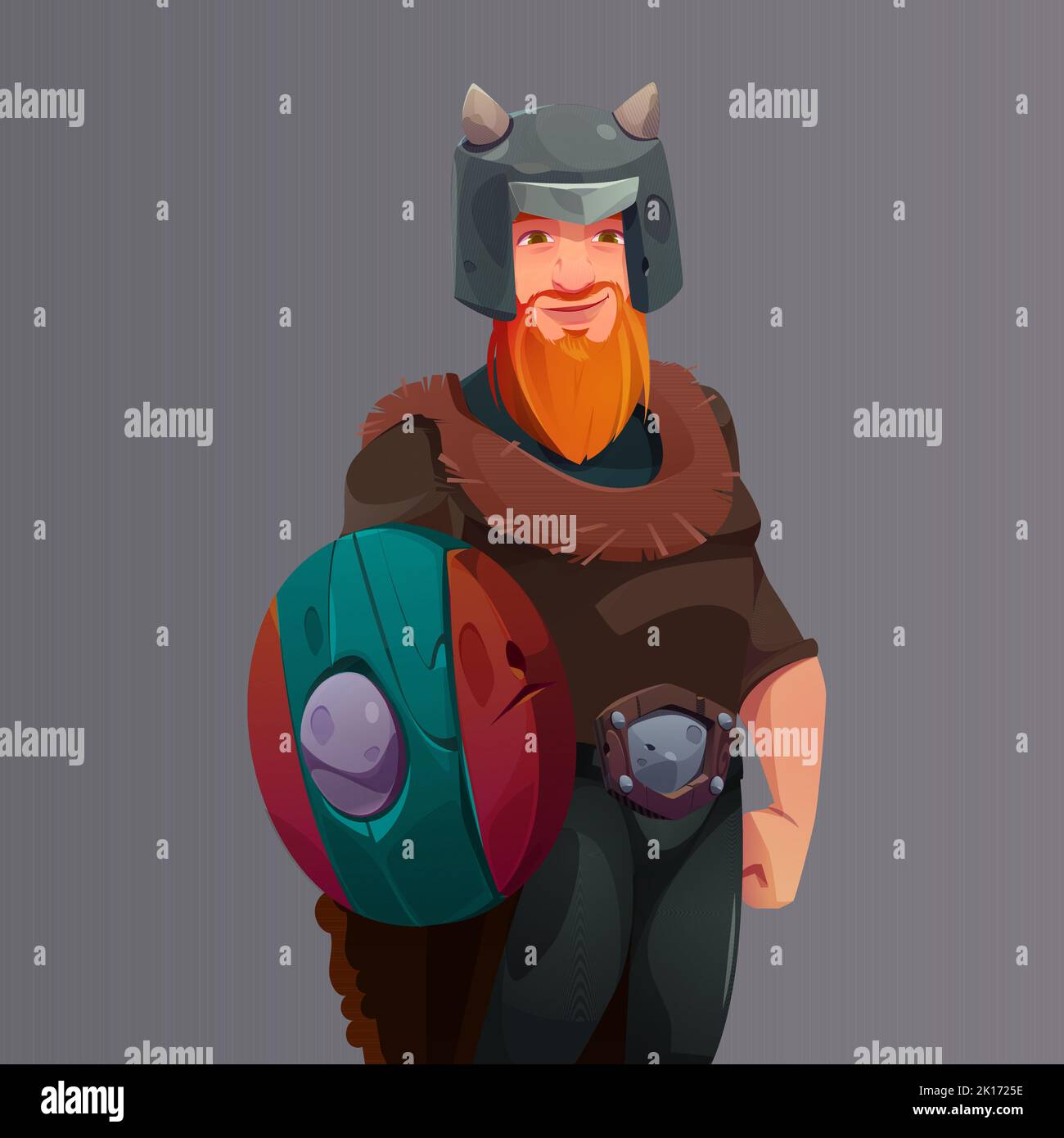 Viking character, strong scandinavian man in helmet with wooden shield. Medieval warrior with red beard, nordic barbarian in horned helmet isolated on background, vector cartoon illustration Stock Vector