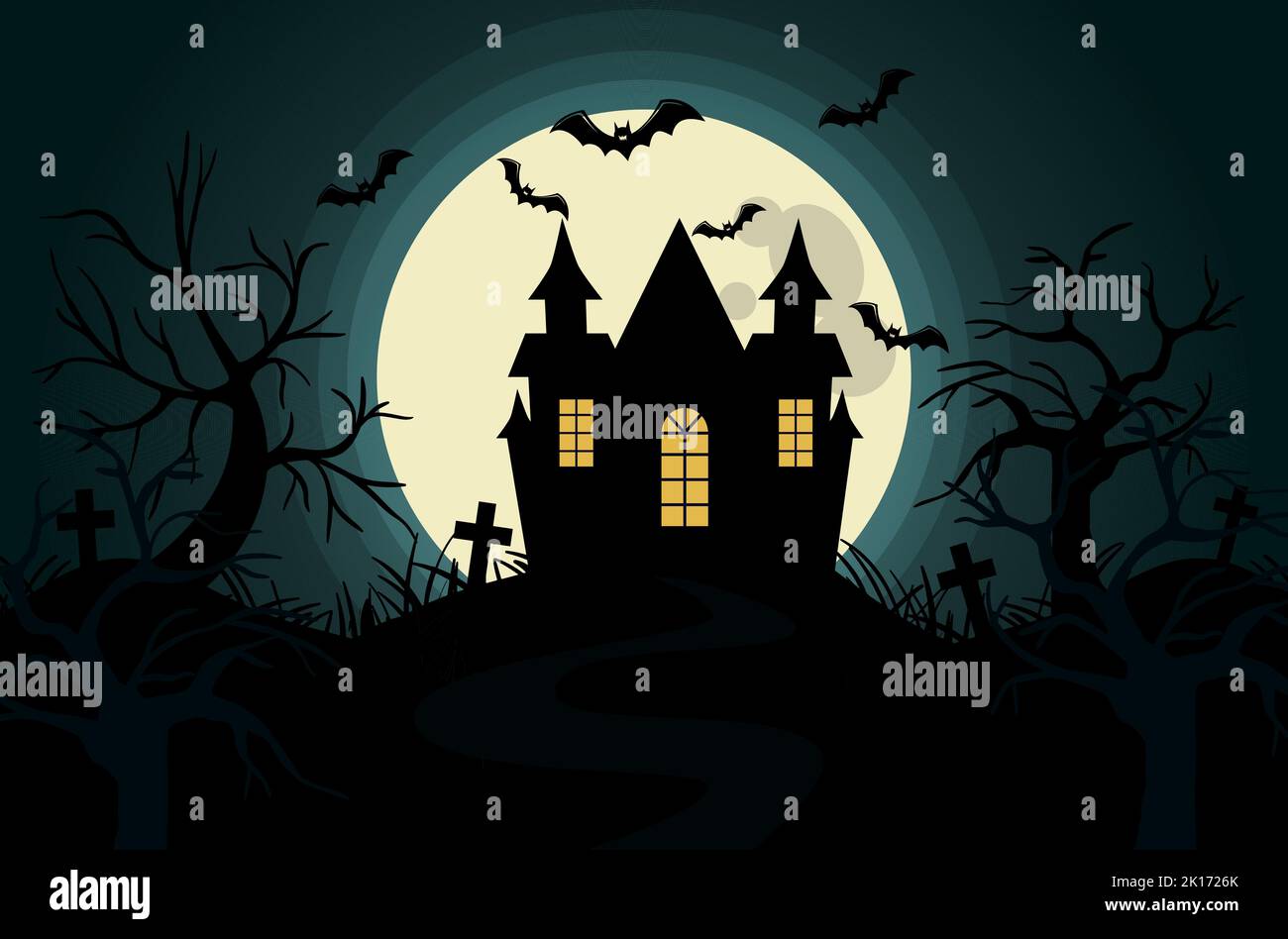 a house on a hill against the background of the night sky of the full moon and bats of trees and grave crosses Stock Vector