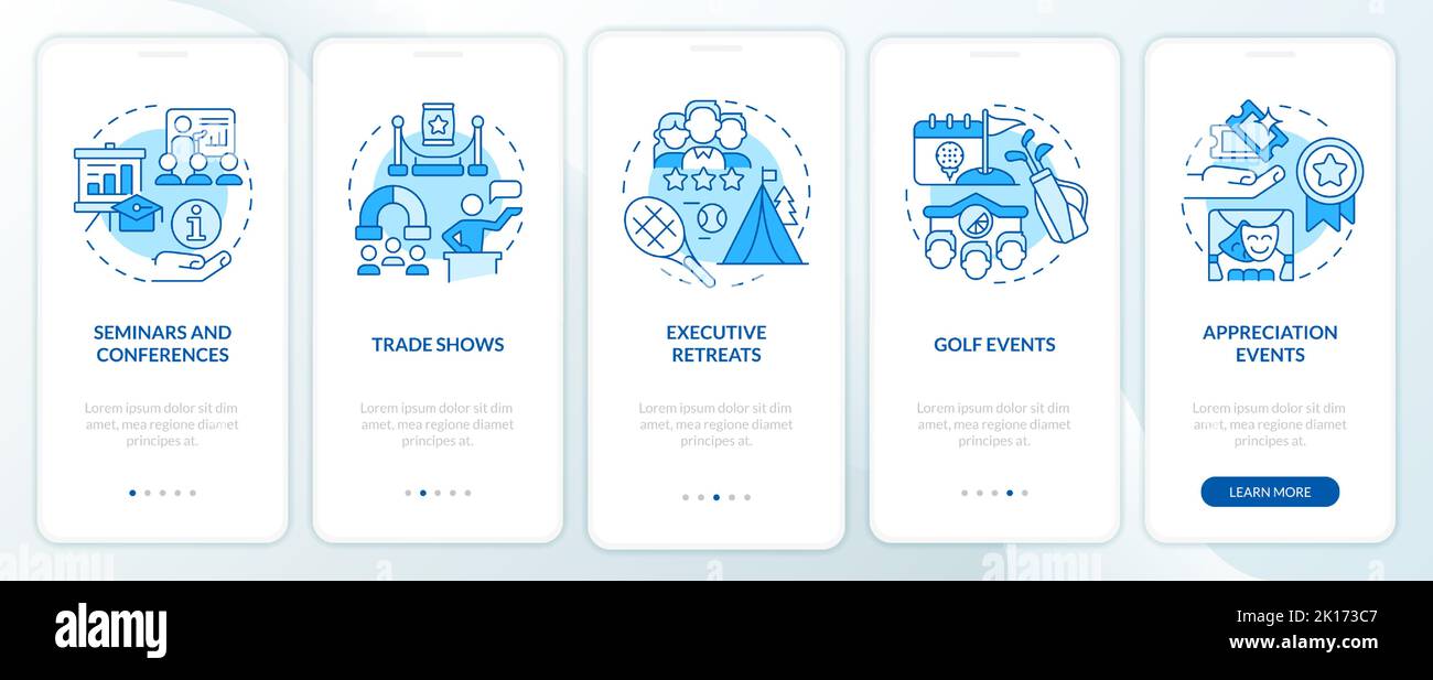 Corporate events types blue onboarding mobile app screen Stock Vector