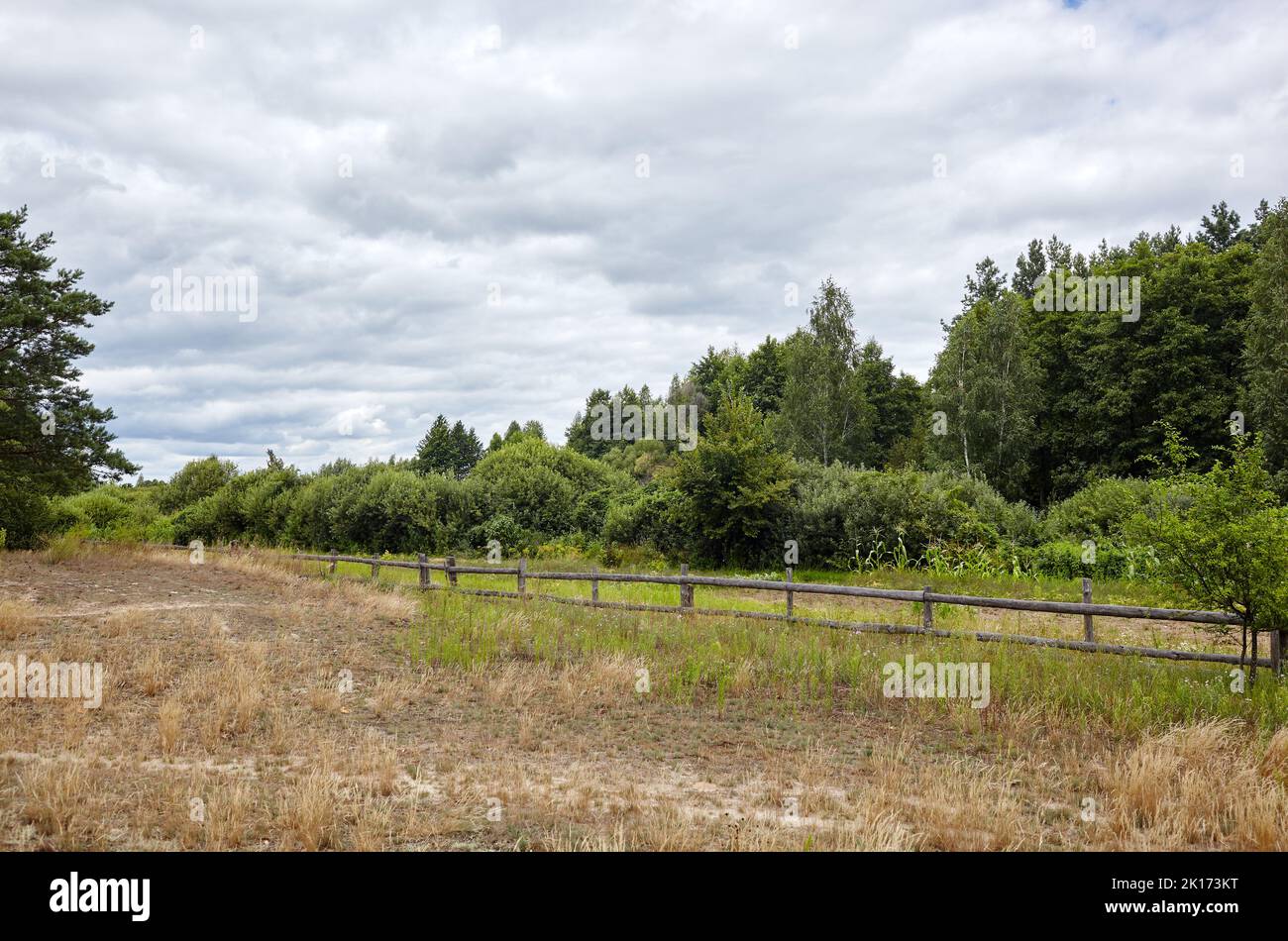 Wooden fence through fields. Beautiful summer rural landscape with ...