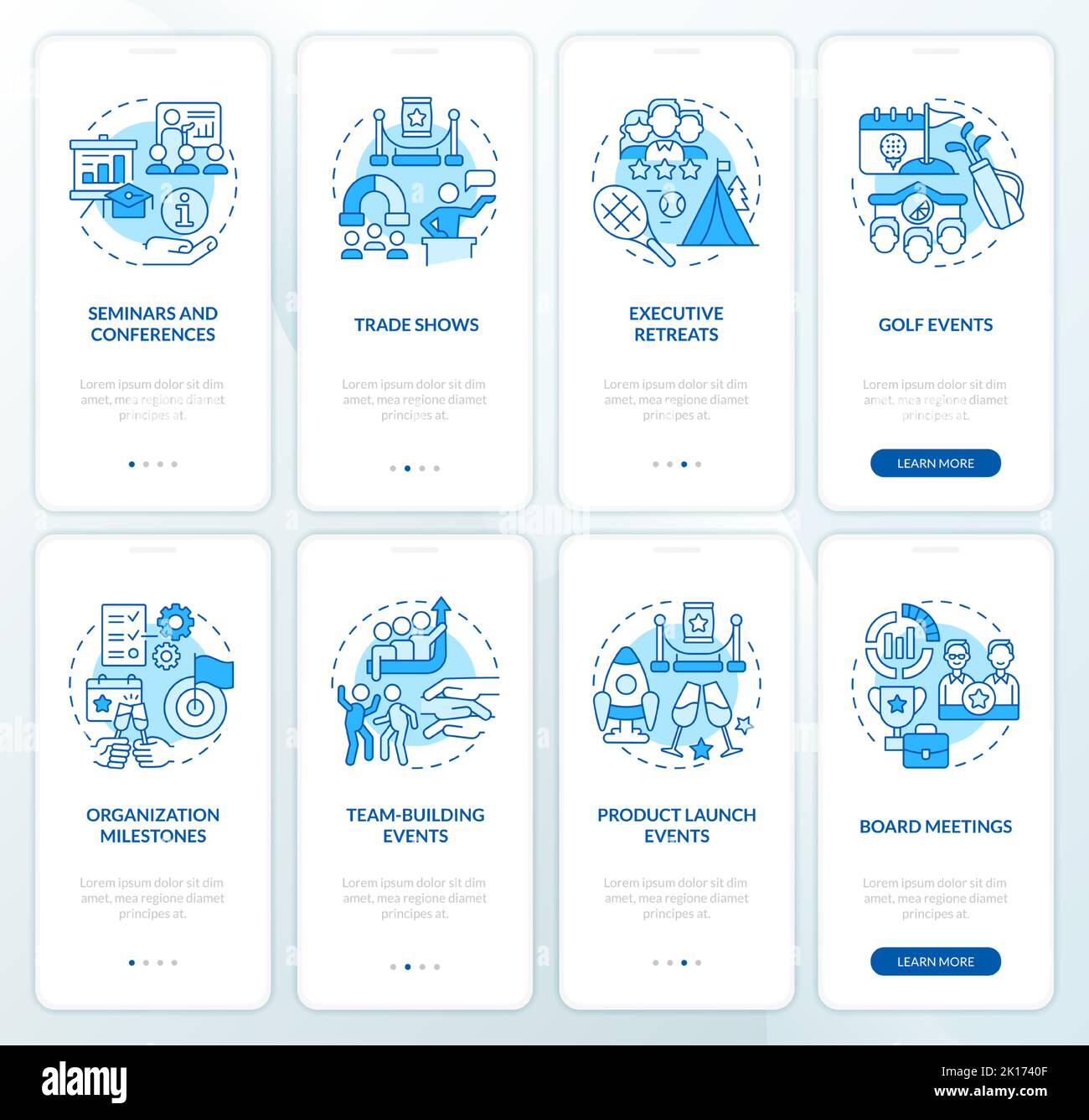 Types of corporate events blue onboarding mobile app screen set Stock ...