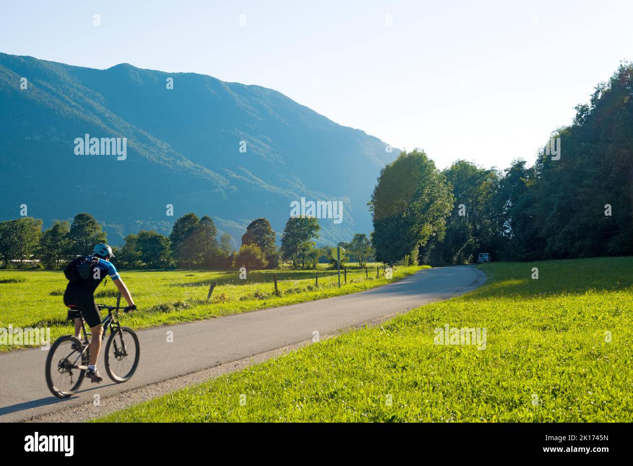 Biker on a mountain road Stock Photo