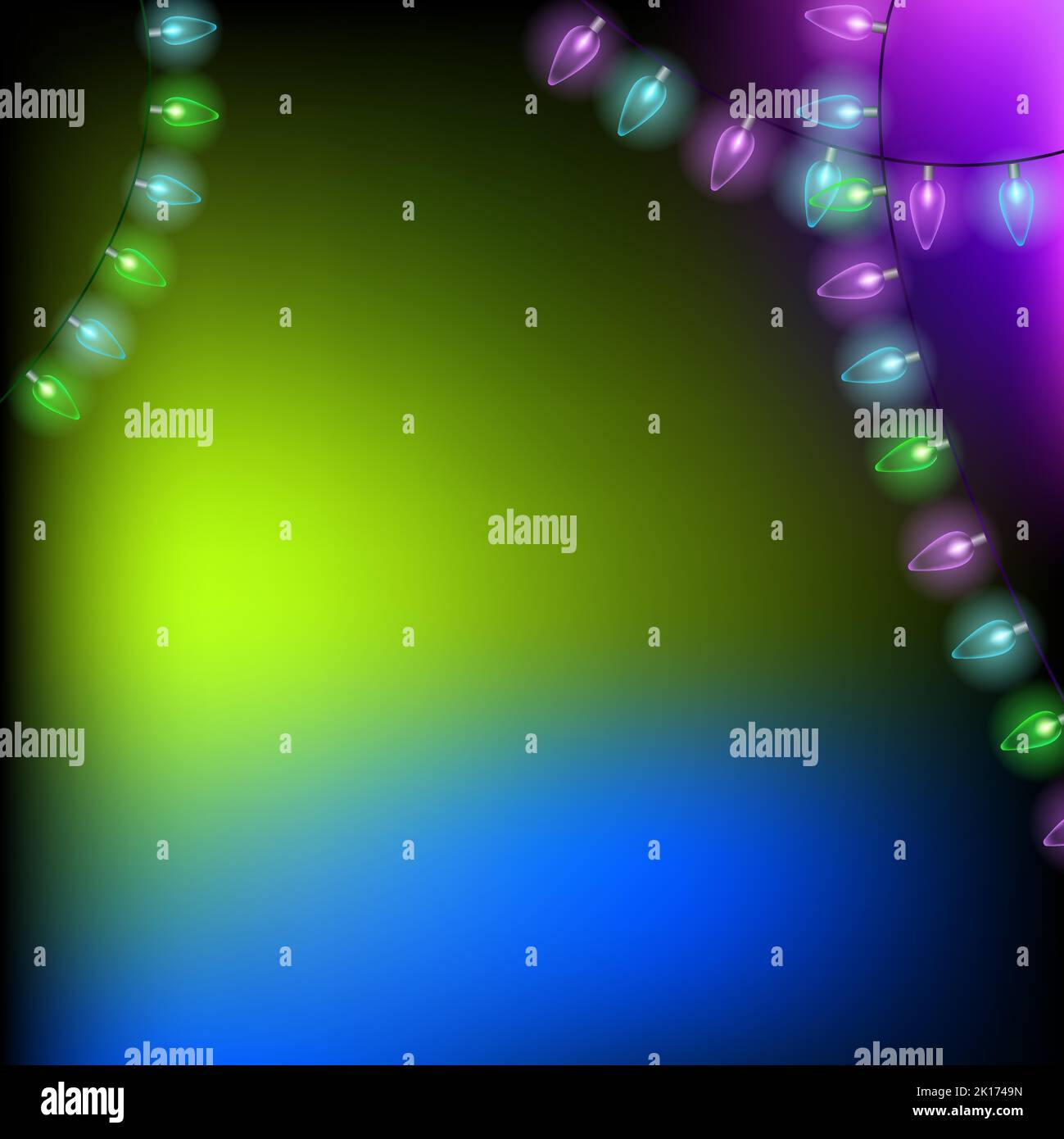 Green and blue Christmas background with lights. Background for post