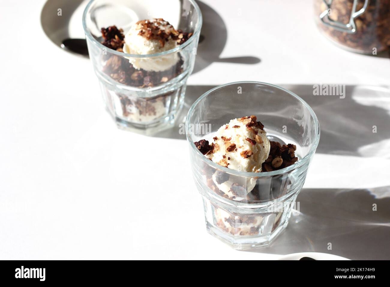Desserts. Vanilla Ice Cream Served with Homemade Granola. Two Glasses