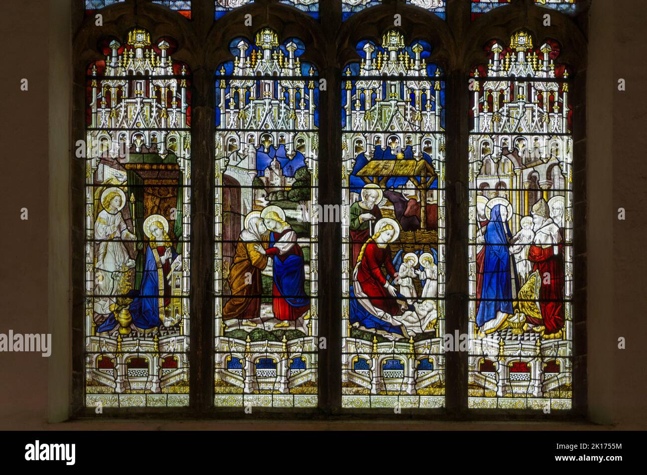 Stained glass window in the church of St Mary, Wappenham, Northamptonshire, UK Stock Photo
