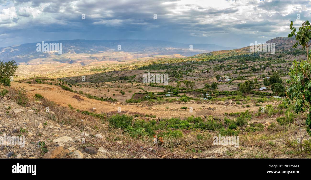 Beautiful highland landscape with traditional ethiopian houses in valley. Ethiopia, Africa. Stock Photo