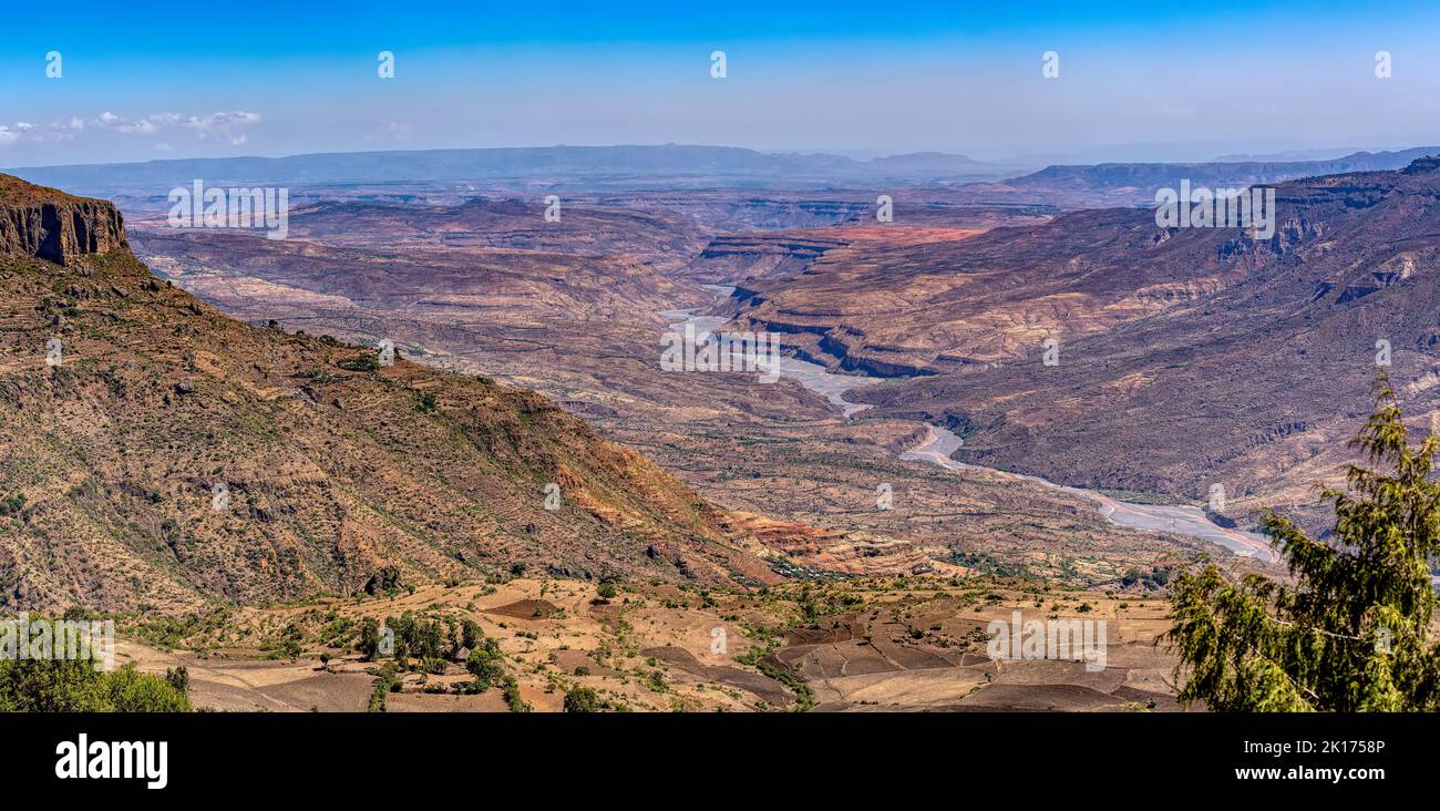 Beautiful wide canyon landscape with dry river bed, Somali Region. Ethiopia wilderness landscape, Africa. Stock Photo