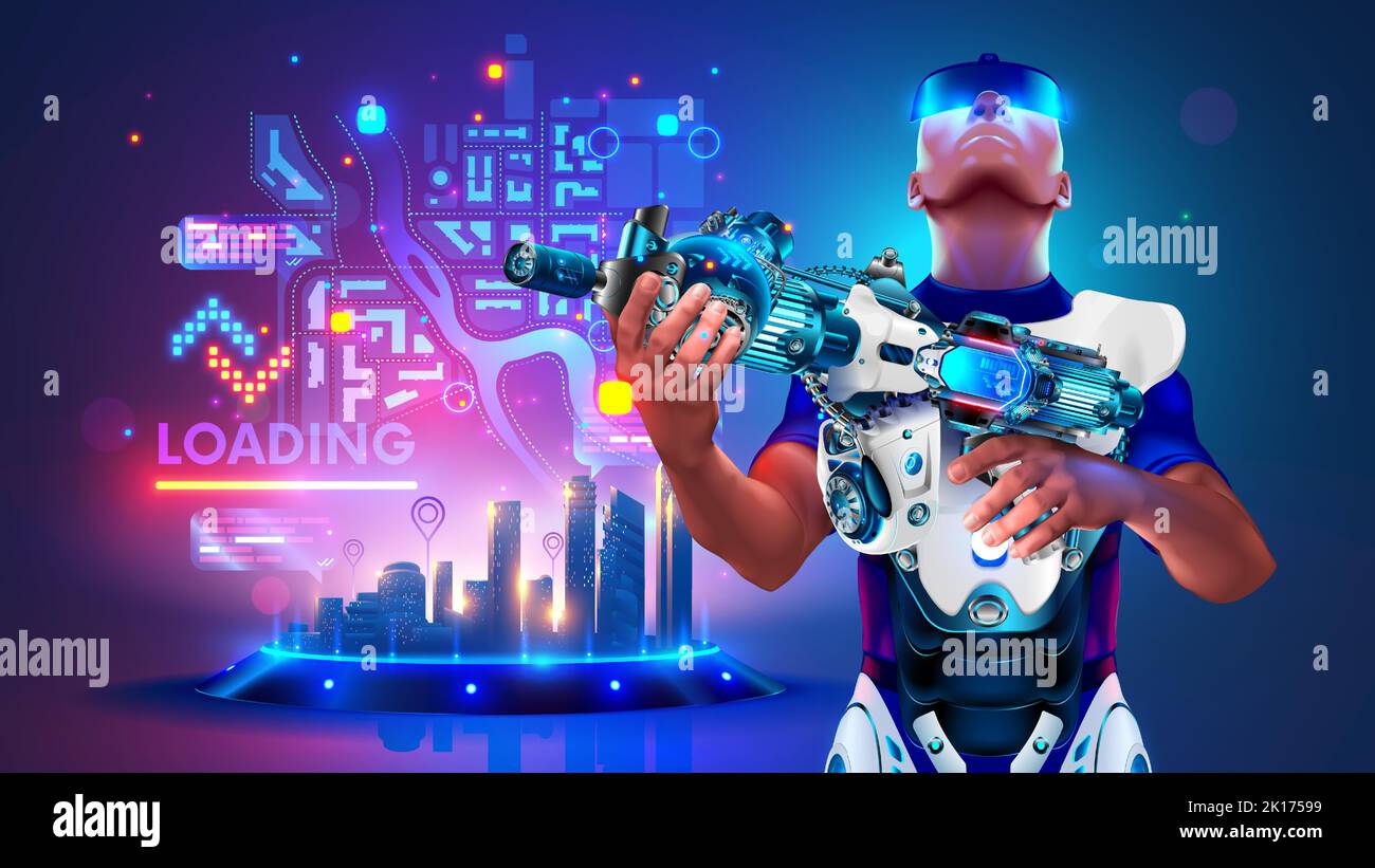 Computer player with a gun in virtual reality. VR online game interface with map of level. Player got ready to play in VR shooter. Virtual reality Stock Vector