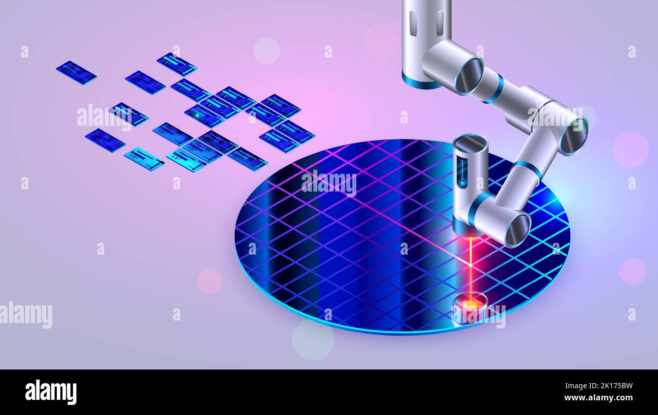 Semiconductor wafer fot manufacture microchips. Electronic technology equipment. Laser on robotic arm cutting slices chip on silicon wafer on factory Stock Vector