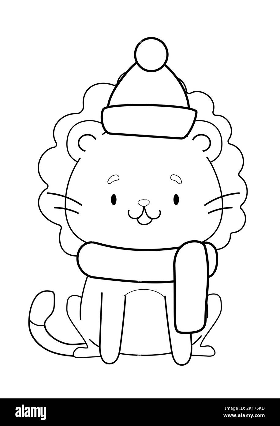 coloring book with a cute lion in a hat and scarf Stock Vector